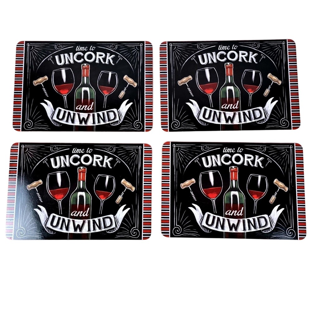 Wellington Studio Wine Placemats Set of 4 Cork Back Uncork and Unwind Chalkboard
